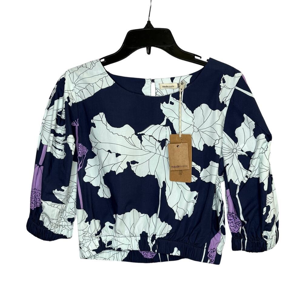 Maude Vivante Navy & White Cropped 100% Cotton Floral Puff Sleeve Top Large New